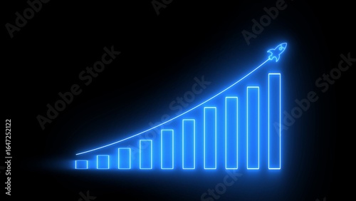 Neon blue bar graph with rocket ascending on black background growth success