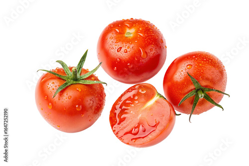 Fresh red tomatoes with green stems and water droplets isolated on white background for sale