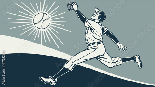 Baseball player catching ball in mid air illustration for baseball sport team graphic design art