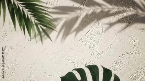 Tropical shadows dance on textured surface: Evoking the essence of serenity with this image. Captured in the sunlight, this image provides a captivating display, offering an aesthetic experience.
