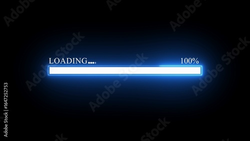 Futuristic Blue Neon Loading Bar at 100 Percent Completion on a Dark Background progress bar