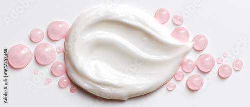 Crema bianca e gocce rosa per la cura della pelle su sfondo bianco pulito, texture cosmetica