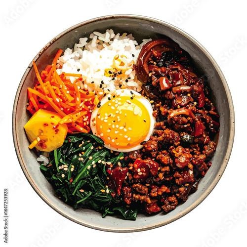 Watercolor Illustration of Korean Bibimbap Dish – Traditional Mixed Rice with Vegetables and Egg