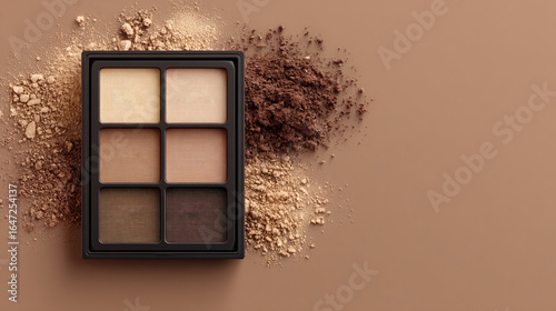 Palette di ombretti marroni e beige con polveri sparse su sfondo color terra, un set di cosmetici.