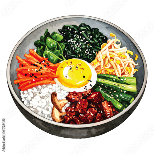 Watercolor Illustration of Korean Bibimbap Dish – Traditional Mixed Rice with Vegetables and Egg