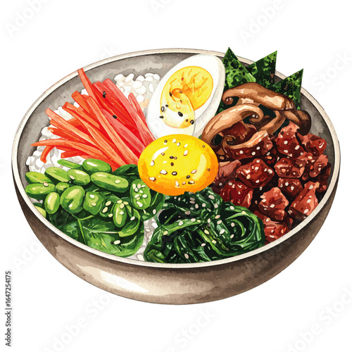 Watercolor Illustration of Korean Bibimbap Dish – Traditional Mixed Rice with Vegetables and Egg