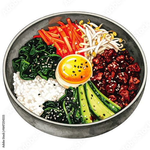Watercolor Illustration of Korean Bibimbap Dish – Traditional Mixed Rice with Vegetables and Egg