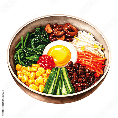 Watercolor Illustration of Korean Bibimbap Dish – Traditional Mixed Rice with Vegetables and Egg
