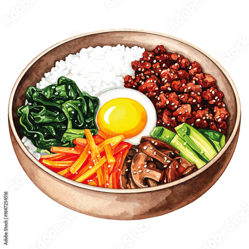 Watercolor Illustration of Korean Bibimbap Dish – Traditional Mixed Rice with Vegetables and Egg
