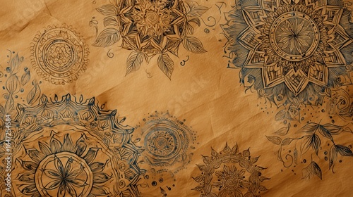 Decorative floral mandala design, hand-drawn on aged brown kraft paper