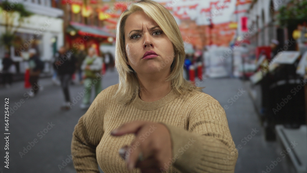 Φωτογραφία Young blonde woman in beige sweater points finger with free hand on hip against blurred city street; defiance