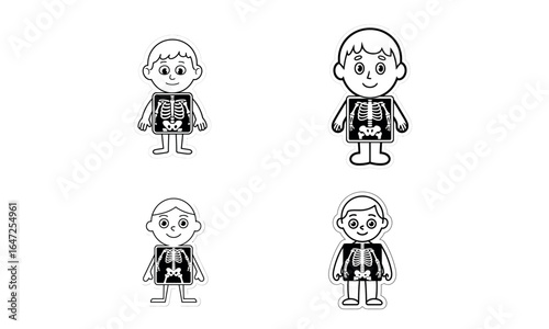 Cartoon child silhouette with x ray skeleton bones illustration set
