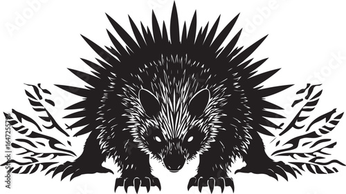 Cute prickly baby hedgehog isolated on a black or green background, with a sharp snout and brown bristle protection