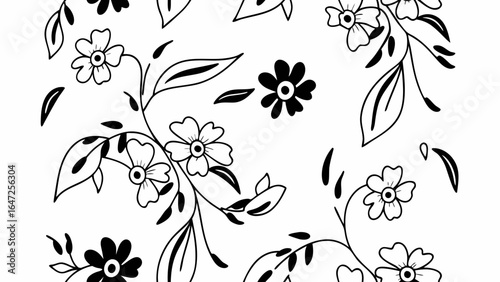 Floral pattern featuring outlined flowers and leaves scattered on a white background design element