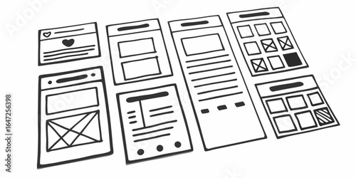 Hand drawn sketches displaying various website and application layouts and user interface design elements