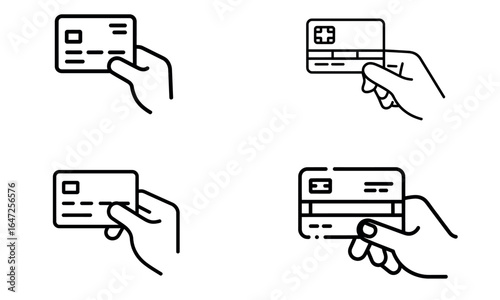 Credit card icon set with hand holding payment card outline and solid style
