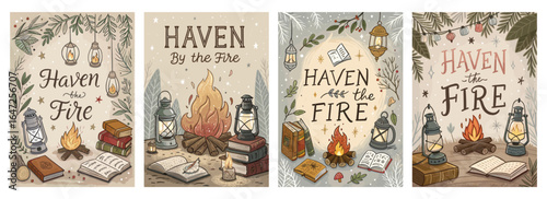 Cozy illustration featuring a warm campfire scene with lanterns and books, evokes a peaceful evening vibe.