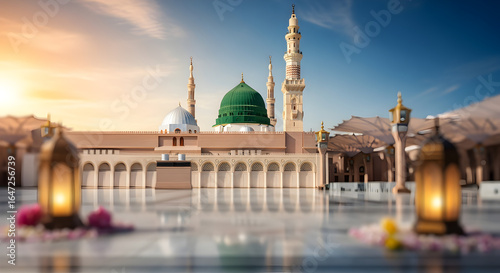 Milad un Nabi Maulid or Mawlid al Nabi Islamic background banner with Madina dome and gold lanterns