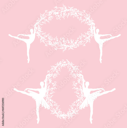 two ballerina girls wearing tutu skirt, standing en pointe holding oval frame made of sakura tree branches - cherry blossom and classical ballet dance studio vector design set