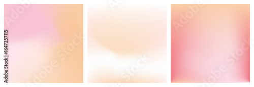 Abstract light peach pink soft gradient background. Pale pink pastel color texture. Set of 3 square vector poster. Aura fuzz pink beige bg for banner, social media, beauty, cosmetics, wedding design