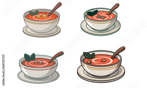 Delicious tomato soup cartoon set in bowls with herbs and croutons
