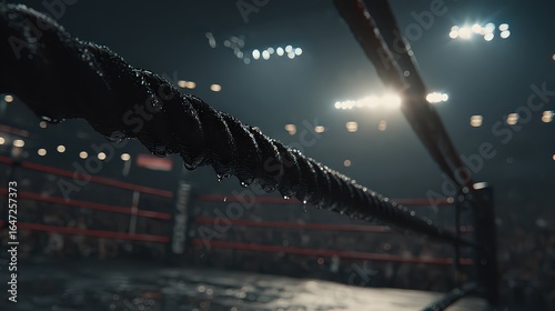 Boxing Ring Ropes Under Wet Spotlight In Arena