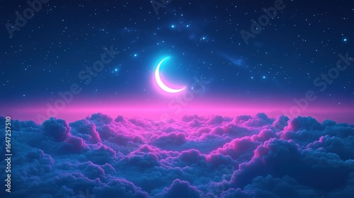 3D low poly cartoon night sky with crescent moon and stars on gradient pink-blue background, isometric render for digital art, game scenes or children's wallpapers