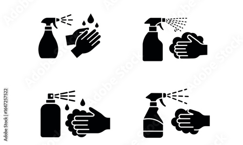 Spray bottle hand cleaning icons for hygiene and disinfection