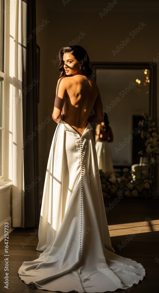 Fototapeta premium Elegant bride with bare back standing by the window in a luxurious wedding dress, glancing over her shoulder in a room illuminated by soft sunlight .