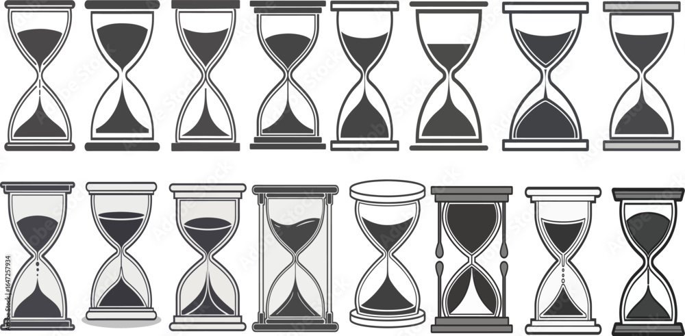 Fototapeta premium Multiple hourglasses displaying different stages of sand flow and varying designs time measurement icons