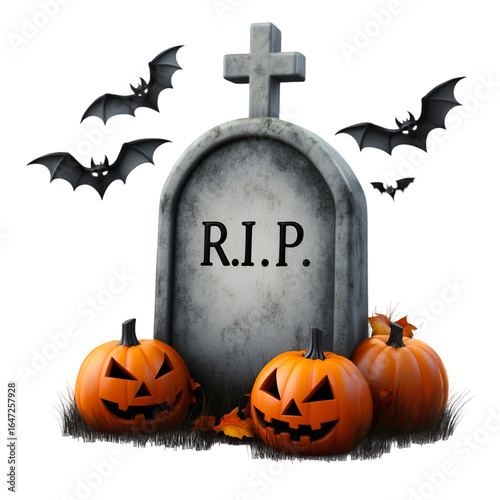 Spooky Halloween scene featuring carved pumpkins, a tombstone with R.I.P, and bats in a dark, mysterious environment ready for the holiday