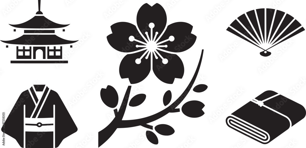 Fototapeta premium Japanese Culture Icon Set Temple Cherry Blossom Fan Kimono Branch Towel on Transparent