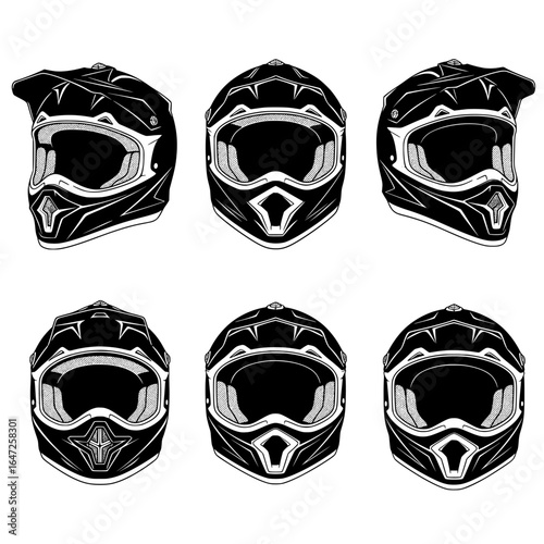 Collection of  black motocross helmets with goggles shown from different angles in a detailed sketch style silhouette isolated on transparent background