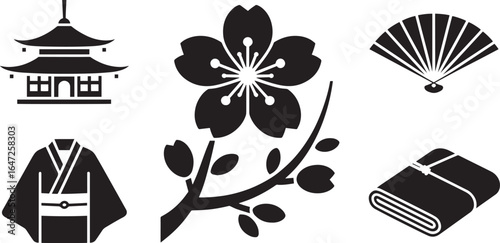 Japanese Culture Icon Set Temple Cherry Blossom Fan Kimono Branch Towel on Transparent