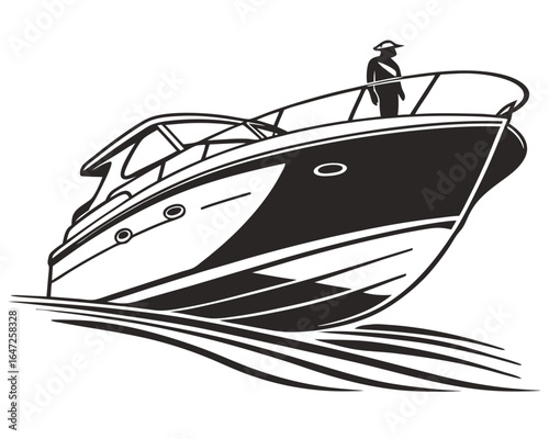 Minimalist Black Silhouette of Luxury Motorboat Side View, Vector Illustration