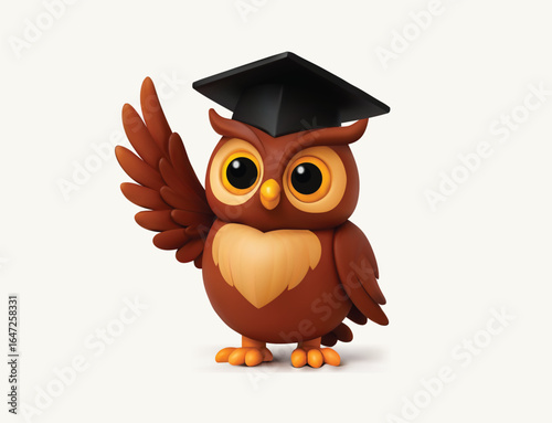 Minimalist wise owl bird cartoon cute 3d character. Vector Owl with Graduation Cap.