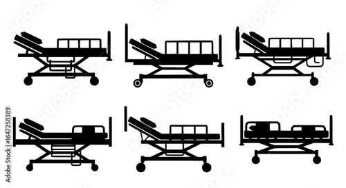 Collection of black hospital bed silhouettes in various positions and configurations isolated on transparent background silhouette