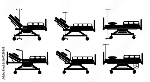 Collection of black hospital bed silhouettes in various positions and configurations isolated on transparent background silhouette