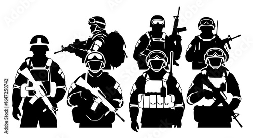 Collection of diverse military soldiers in tactical gear holding rifles and weapons in a dynamic silhouette isolated on transparent background silhouette