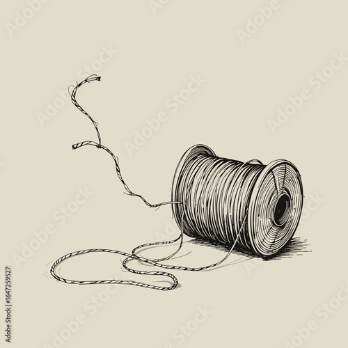 Black and white illustration of a spool of twine with loose ends in a detailed minimalist style