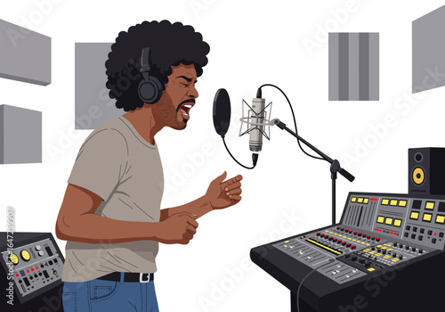 Vocalist Recording in Studio with Microphone and Sound Equipment