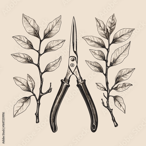 Black and white illustration of garden shears with branches and leaves in a detailed style
