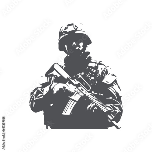 Army Soldier in Combat Stance with Gun. Military Silhouette Vector Illustration