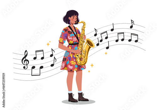 Woman Playing Golden Saxophone with Musical Notes