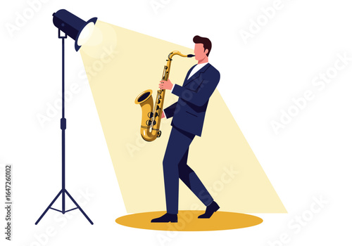 Saxophone Player in Spotlight, Performing Jazz Music