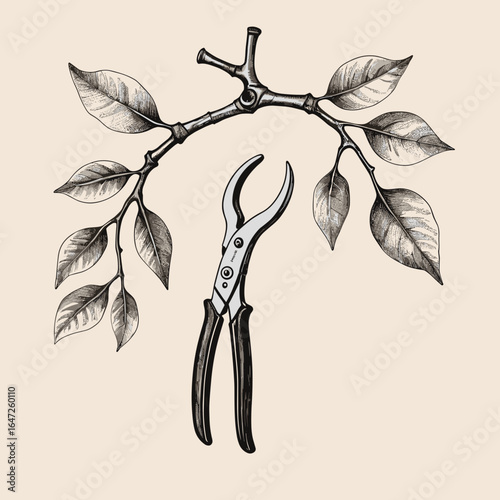 Black and white illustration of gardening shears with a branch and leaves in a detailed style