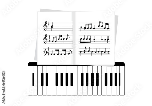 Piano Keyboard with Sheet Music Illustration