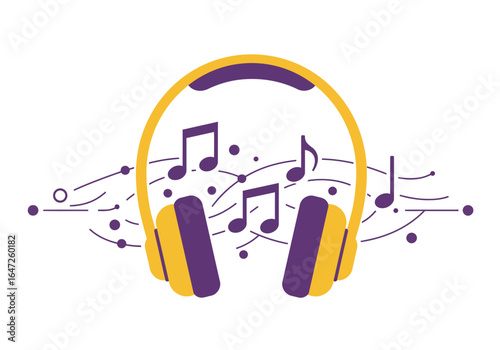Stylish Headphones with Musical Notes Illustration in Yellow and Purple
