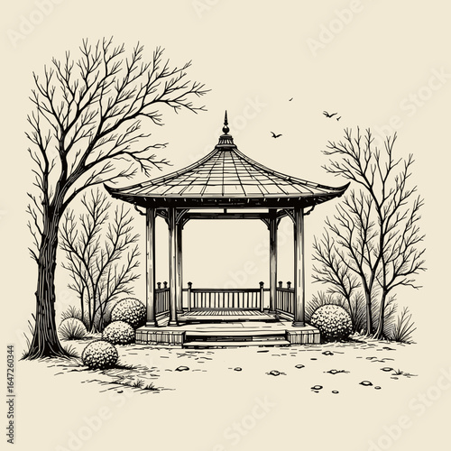 Black and white illustration of a gazebo in a minimalist garden setting
