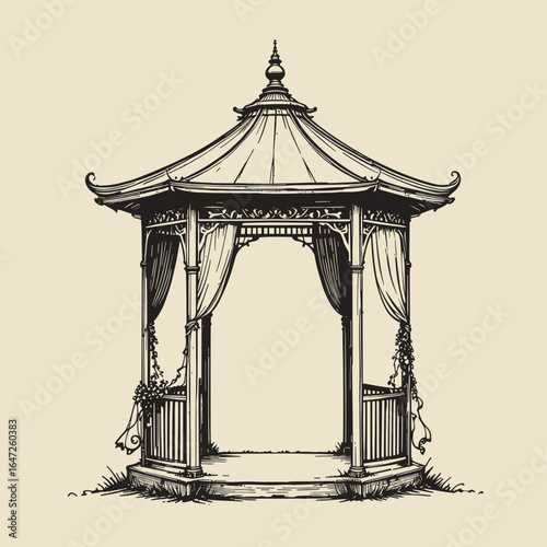 Black and white illustration of an elegant gazebo with drapes in a classic style